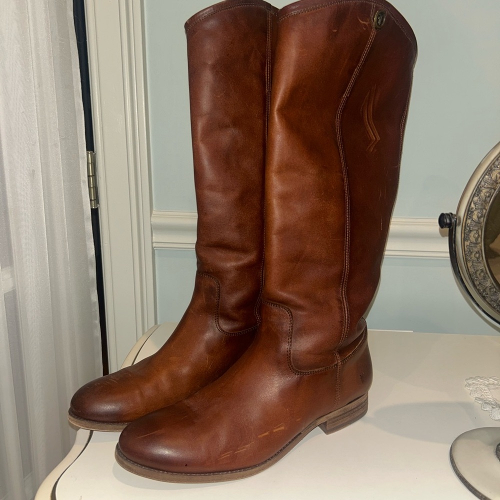 FRYE Rich Brown Leather Knee High Riding Boots - Wide Calf, 10
